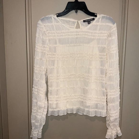 GREY COLLECTIVE Off-White Ruffle Long Sleeve Shirred Chiffon Top Blouse Small - Picture 3 of 11